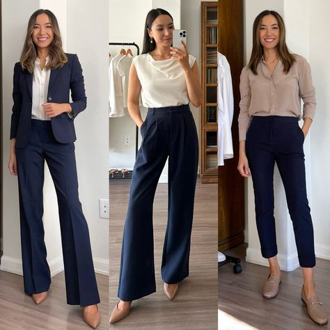 Blue Business Outfits Women, Navy Office Outfits Women, Navy Pant Work Outfit Women, Navy Blue Formal Pants Women, Navy Dress Pant Outfit Women, Navy Blue Blazer Work Outfit, Navy Interview Outfit Women, Work Outfits With Blue Pants, Blue And White Work Outfit