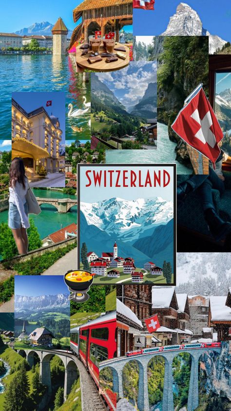 #collage #aesthetic #country #Switzerland #CheeseFondue #beauty #culture #viralpost Aesthetic Country, Switzerland Vacation, Travel Infographic, Holiday Travel Destinations, Top Places To Travel, Beauty Culture, Vacation Locations, Travel Inspiration Destinations, Switzerland Travel