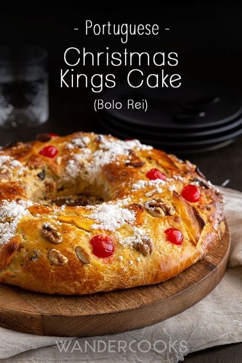 Hailing from Portugal, Bolo Rei or Portuguese Kings Cake, is a light and fluffy traditional Christmas cake filled with fruit and nuts. Super easy to bake at home, get ready to make your Kings Cake “crown” this holiday season! Kings Cake Recipe Traditional, Portuguese Christmas Recipes, Portuguese Christmas, Holiday Recipes Christmas Desserts, Kings Cake, Portuguese Foods, Traditional Christmas Cake, Christmas Main Dishes, King Cake Recipe