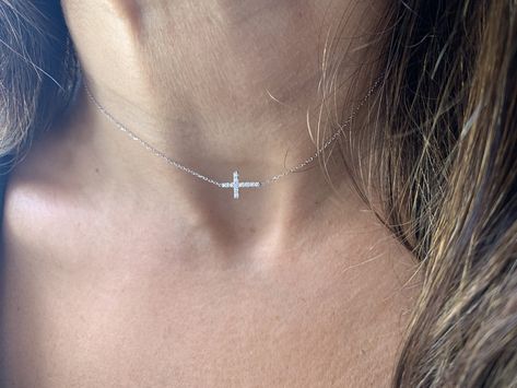 Confirmation Necklace, Diamond Cross Necklace Gold, Cross Choker Necklace, Dainty Cross Necklace, Tiny Cross Necklace, Diamond Cross Necklace, White Diamond Necklace, Cross Necklace Sideways, Cross Choker