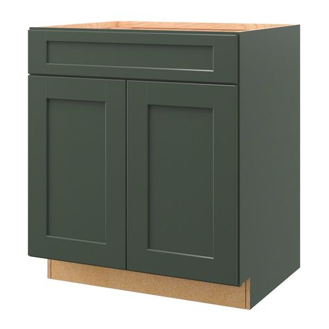 Galway brings a new look to a Shaker-style door in a cool, dark green. This charming cabinet adds character and color to any home for a nature-inspired, serene feel. allen + roth Galway 30-in W x 34.5-in H x 24-in D Sage Painted Door Base Fully Assembled Semi-custom Cabinet in Green | 25319GW Cabinet Shaker, Semi Custom Cabinets, Shaker Door Styles, Online Kitchen Cabinets, Furniture Board, Painted Drawers, Allen Roth, Types Of Cabinets, Soft Close Doors