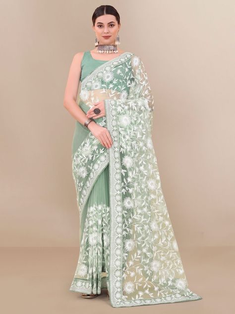 Saree Fabric - Soft net Blouse - Banglory Work: All Over Chikan kari work with piping border and back support lace border 5.5 mtr saree with 0.80 mtr blouse Peice Mint Green Saree, Net Sari, Party Saree, Net Blouse, Net Blouses, Party Sarees, Black Saree, Green Saree, Saree Fabric