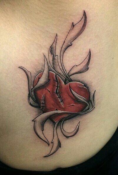 Torn but not broken heart. Rib placement. Love it so much!!! Tattered Heart Tattoo, Betrayal Tattoos For Women, Elastic Heart Tattoo, Broke Heart Tattoo, Koch Tattoo, Chest Tattoo Sketches, Arm Tats, Cross Tattoos For Women