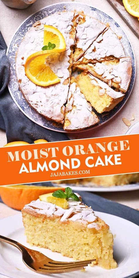 This Moist Orange Almond Cake is a moist, tender gluten-free, dairy-free cake with a fresh orange flavor. It is easy to make and makes a great dessert option if baking for friends and family members with dietary concerns. Orange Almond Cake, Orange And Almond Cake, Almond Cake Recipe, Italian Cream Cakes, Dairy Free Cake, Orange Cake Recipe, Flourless Cake, Gluten Free Cake, Almond Cake