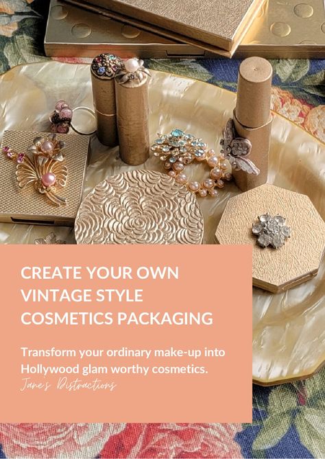 Make over your everyday cosmetics into Hollywood glam packaging. I show you how to do it in this tutorial. You just need paint, scrapbook paper, glue and some old jewelry. Packaging Tutorial, Cosmetics Packaging, Metallic Spray Paint, Unique Packaging, Paper Glue, Hollywood Glam, Cosmetic Packaging, Old Jewelry, Scrapbook Paper