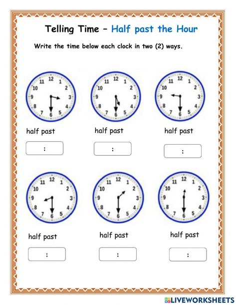 Reading the analogue and digital clock as half past the hour online worksheet for Grade 3. You can do the exercises online or download the worksheet as pdf. Maths Clock, Math Clock, Clock Worksheets, Clock Face Printable, Candy Coloring Pages, Time To The Hour, Worksheets For Grade 3, Telling Time Worksheets, Kindergarten Reading Worksheets