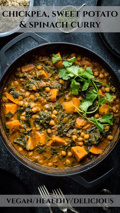 Spinach And Potato Recipes, Easy Vegetable Curry, Chickpea Sweet Potato, Chickpea And Spinach Curry, Potato Spinach, Sweet Potato Curry, Spinach Curry, Sweet Potato Spinach, Meat Free Recipes