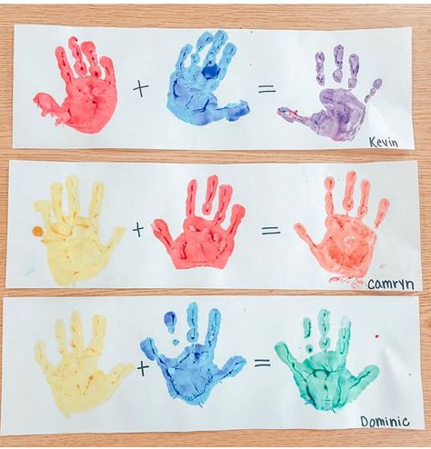 Mixing Colors Handprint, Coloring Mixing Preschool, Preschool Color Mixing Activities, Activities About Colors For Preschool, Mixing Primary Colors For Preschool, Mixing Colors Preschool Activities, Eyfs Colour Mixing, Colour Crafts For Toddlers, Primary Colors Activities For Preschool