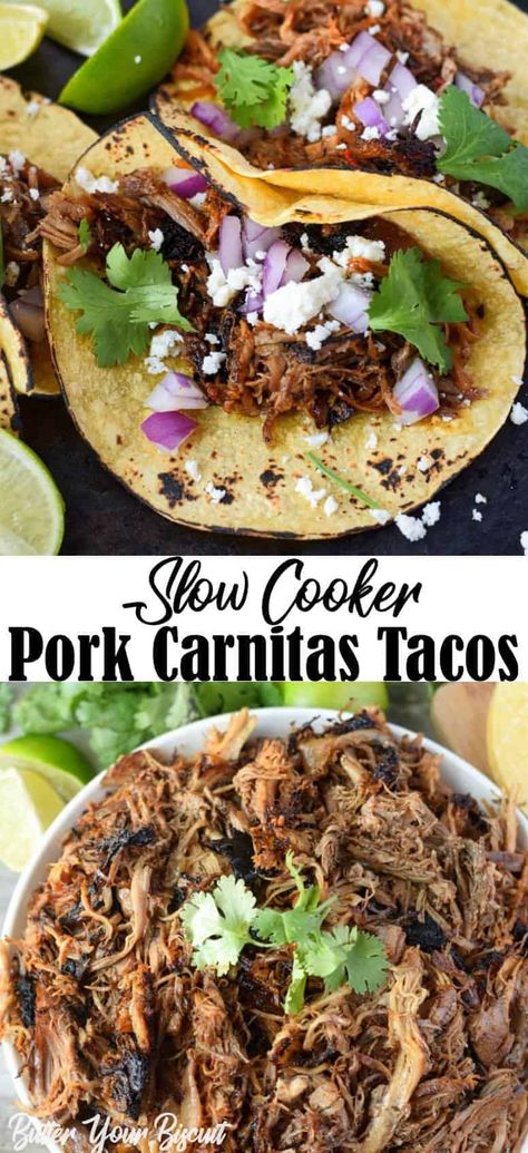 Slow Cooker Pork Carnitas Tacos recipe has loads of flavor and simple melts in your mouth. Hands down one of the best taco fillings ever! #tacos #porkcarnitas #carnitas #slowcookercarnitas #mexicanfood Carnitas Pork, Carnitas Crockpot, Carnitas Tacos Recipe, Slow Cooker Pork Carnitas, Pork Carnitas Tacos, Slow Cooker Carnitas, Pork Carnitas Slow Cooker, Carnitas Tacos, Taco Fillings