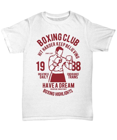 "Unisex Vintage Retro Inspired Boxing Club Tee Shirt. BOXER BOXING Club T-Shirt Vintage Retro Inspired Tee Shirt MMA Sports Lover Boxing Fan Mixed Martial Arts Boxing Ring Fighter Gloves Ring Please allow 14 days for printing. These t-shirts are printed at the time of order in the United States. Printed, Made, And Shipped From The USA. Unisex Tee Size And Details Brand: Fruit Of The Loom Style: HiDENSIT™ TShirt Garment Details...   - 5 oz., preshrunk 100% cotton that feels great!   - Seamless bo Muay Thai Martial Arts, Boxing Shirts, Boxing Ring, Martial Arts Boxing, Boxing Club, Club T Shirt, Boxing T Shirts, Sports Lover, Shirt Print Design