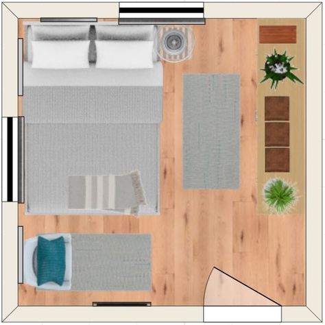 Seven 10X10 Bedroom Layouts To Consider [Inc. 3D Simulations!] - Home Decor Bliss Small Bedroom Ideas Bed Against Wall, Multipurpose Bedroom Ideas, Asymmetrical Bedroom Layout, 10x10 Bedroom Layout Full Bed, 10x10 Bedroom Layout Queen Bed, 10 By 10 Bedroom Layout, 10 X 10 Bedroom Layout, Bed Against Wall In Corner, Rectangular Bedroom Layout