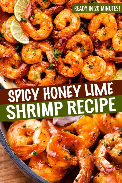 Spicy Honey Lime Shrimp, a quick, 15-20 minute one pan recipe that's perfect for weeknight dinner!  Garlicky, sweet, and spicy, these shrimps are perfect as a main dish, taco filling, or on a salad! #shrimp #honeylime #spicy #15minutemeal #easyrecipe #quickdinner #weeknightrecipe #dinner #seafood Quick Shrimp Recipes, Honey Lime Shrimp, Lime Shrimp Recipes, Honey Shrimp, One Pan Recipe, Baked Shrimp Recipes, Salad Shrimp, Dinner Seafood, Taco Filling