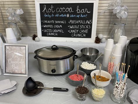 Hot Coco Baby Shower Bar, Hot Chocolate Bar Gender Reveal, Wedding Shower Winter Theme, Baby Shower Cocoa Bar, Baby It’s Cold Outside Baby Shower Theme Decorations, Gender Reveal In Winter, Hot Cocoa Bar For Party, Baby Shower Hot Cocoa Bar Ideas, Hot Cocoa Bar Birthday Party