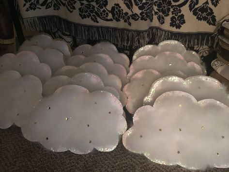 DIY clouds made from cotton and dollar tree foam board Artificial Clouds Decor, Cotton Clouds Decoration, Cloud Diy Decoration, Make A Cloud Decoration, Diy Fluffy Clouds, Cloud Making Craft, Making Clouds For Decoration, How To Make Clouds Decorations, Diy Clouds Decorations