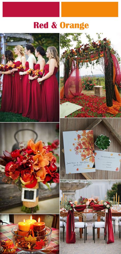 vibrant red and orange fall wedding color ideas Red And Orange Wedding, Rustic Fall Wedding Colors, October Colors, Fall Wedding Color Ideas, Cranberry Wedding, Winter Wedding Color Palette, September Colors, Wedding Color Scheme, Wedding Color Combos