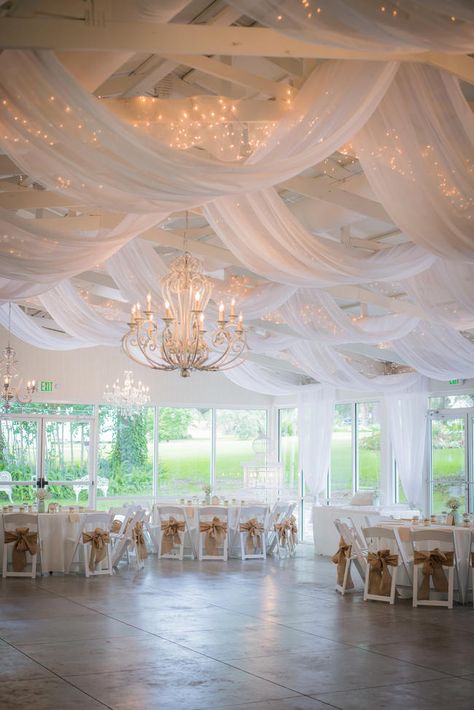 Ceiling Decorations Wedding Diy, Wedding Venue Ceiling Ideas, Ceiling And Wall Draping Wedding, Ceiling Drapery With Fairy Lights, Ceiling Swags Wedding, Ceiling Drapes With Lights, Ceiling Decorations For Wedding, Wedding Ceiling Drapery, Wedding Ceiling Draping With Lights