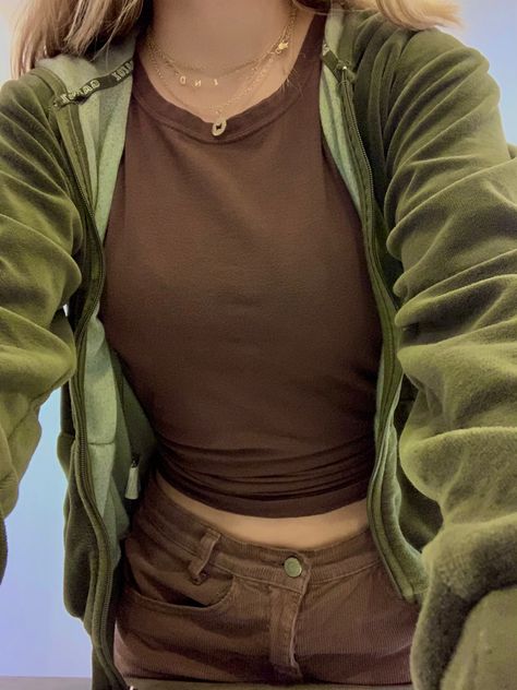 Green Aesthetic Outfit Girl, Green And Brown Outfit Aesthetic, Soft Green Outfit Aesthetic, Green And Brown Aesthetic Outfit, Green Clothing Aesthetic, Green Cardigan Outfit Aesthetic, Green Jacket Outfit Aesthetic, Green And Brown Outfits, Green Aesthetic Clothes