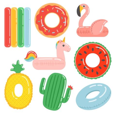 Rubber ring summer set flat design vecto... | Premium Vector #Freepik #vector #background #travel #water #design Pool Float Clipart, Pool Float Illustration, Summer Items Illustration, Summer Vector Illustrations, Pool Float Drawing, August Illustration, Summer Illustrations, Summer Vector, Summer Window