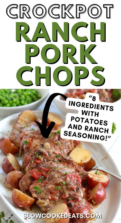 Tantalize your taste buds with this easy and delicious one-pot dinner idea: Tender Crock Pot Ranch Pork Chops and Potatoes. Enjoy succulent, juicy pork chops smothered in a creamy tomato ranch sauce that’s slow cooked along with potatoes for the perfect weeknight meal. Pork chops in the crockpot are perfect for a busy family, this meal will give you all the comfort without the hassle. Pork Chops And Hashbrown Casserole Crock Pot, Crockpot Ranch Pork Chops And Potatoes, Crockpot Pork Chops And Potatoes, Pork Chops In The Crockpot, Crock Pot Ranch Pork Chops, Ranch Pork Chops And Potatoes, Crockpot Ranch Pork Chops, Crock Pot Pork Chops, Ranch Pork Chops Crock Pot