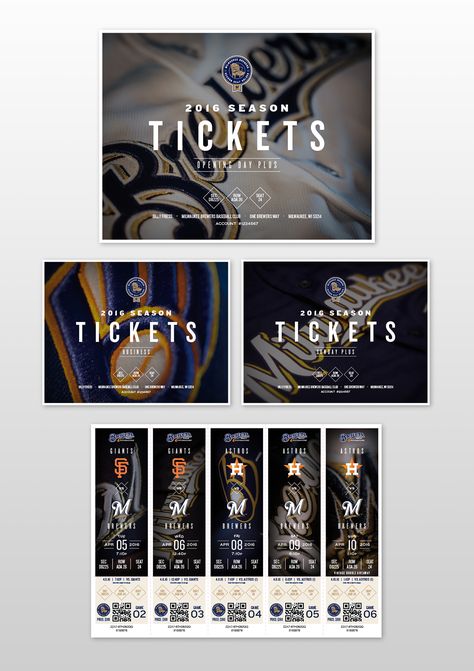 Milwaukee Brewers 2016 Season Tickets & Parking Passes on Behance Season Ticket Design, Season Tickets Graphic, Sports Ticket Design, Sport Moodboard, Jazz Design, Sports Creative, Sports Branding, Senior Thesis, Sports Advertising