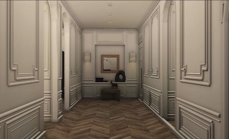 Bloxburg Fancy Entrance, Bloxburg Corridor Ideas, Bloxburg Apartment Reception, Bloxburg Realistic Hallway, Bloxburg Landing Ideas, Bloxburg Custom Window Ideas, Bloxburg House Detailed, Bloxburg Upstairs Hallway Ideas, Bloxburg Reception Ideas