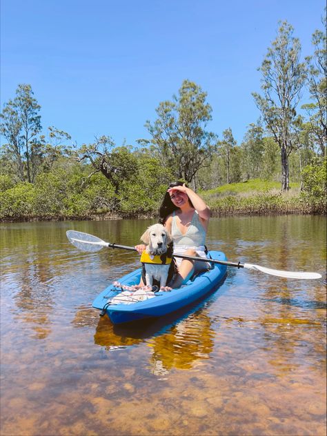 Kayaking, kayak, kayaking aesthetic, summer vibes, summer aesthetic, dog, puppy, golden retriever puppy, golden retriever, beach, river, swimmer outfit, summer activities, Australia, aesthetic Kayak With Dogs, Dog Kayaking, Mallory Aesthetic, Kayaking Aesthetic, Puppy Golden Retriever, Kayaking With Dogs, Adventure Goals, Aesthetic Scenery, Adventure Dog