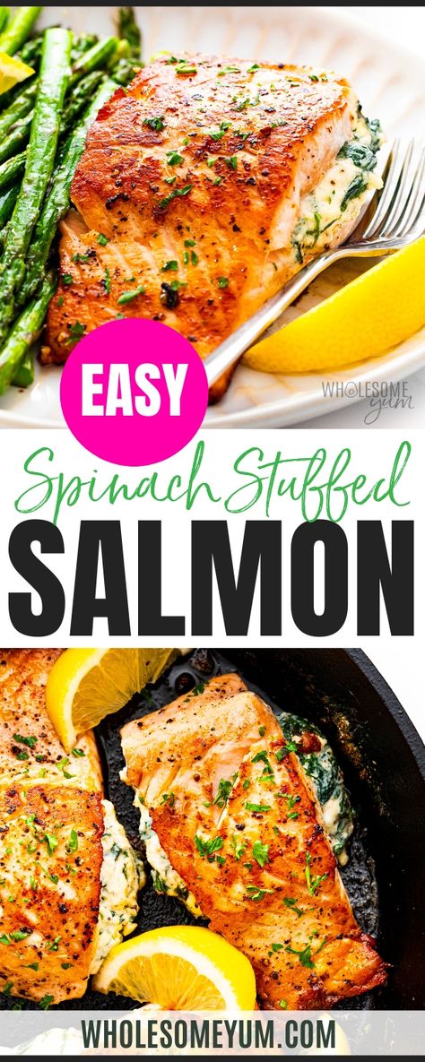 Stuffed SalmonBasil Pesto Salmon Blackened Salmon Creamy Tuscan Salmon Parmesan Crusted Salmon  - The first stuffed salmon recipe I ever made was my crab stuffed salmon, but recently I had a thought that the creamy filling from my spinach stuffed chicken would taste just as amazing enveloped in flaky salmon. And it does. Say hello to my spinach stuffed salmon! This time I went with individual salmon fillets instead of a whole one, and tested the recipe using 2 cooking methods to give you options Blackened Salmon Stuffed With Spinach And Parmesan, Creamy Spinach Stuffed Salmon, Spinach And Crab Stuffed Salmon, Stuff Salmon With Spinach And Shrimp, Salmon Parmesan Crusted, Stuffed Salmon Recipes Spinach, Stuffed Salmon Recipes, Salmon Blackened, Whole Salmon Recipe