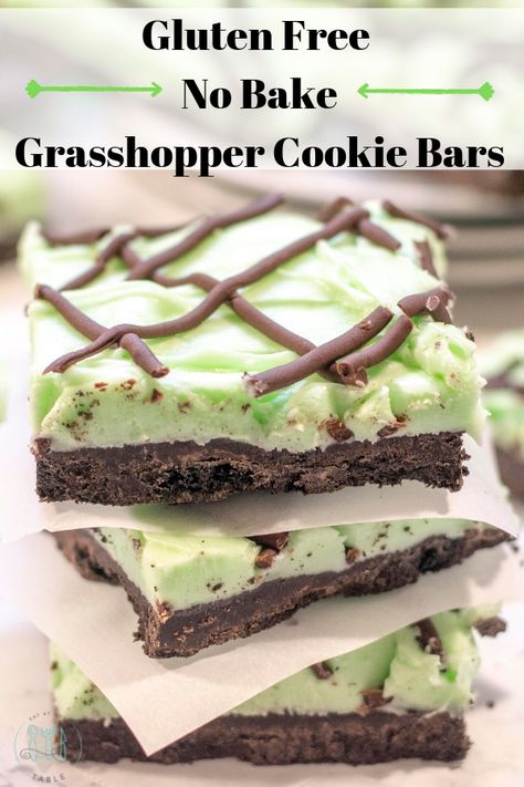 Easy, no bake gluten free St. Patrick's day grasshopper cookie bars via @eatatourtable Gluten Free St Patricks Day Recipes, Gluten Free St Patricks Day Treats, Gluten Free St Pattys Day Dessert, Gf St Patricks Day Dessert, Dairy Free St Patricks Day Desserts, St Patricks Day Dessert Gluten Free, Easter Desserts Recipes Gluten Free, Make Ahead Gluten Free Desserts, Gluten Free St Patricks Day Food