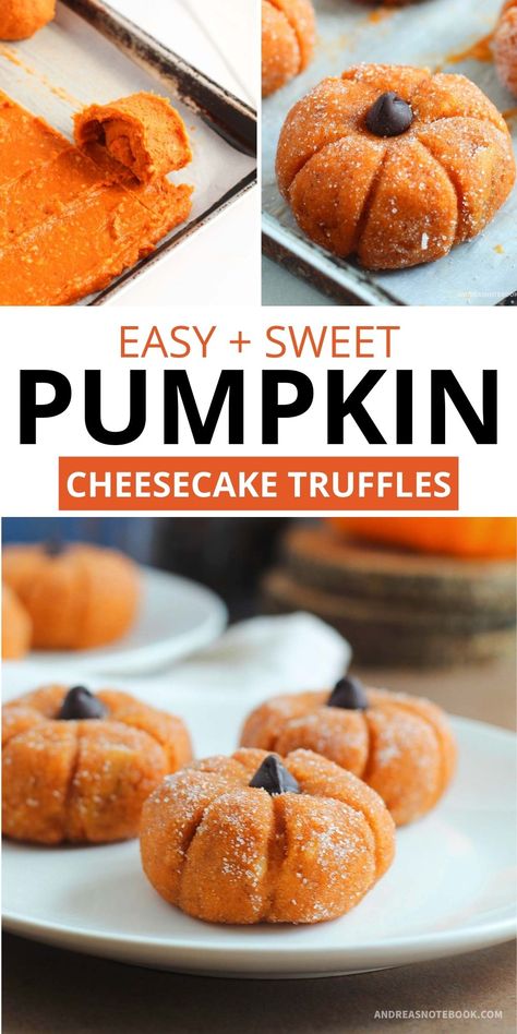 Pumpkin Pie Cheesecake Truffles 12 Tomatoes, Pumpkin Cheesecake Pops, Fall Themed Baked Treats, Pumpkin Shaped Muffins, Very Quick Desserts, Pumpkin Shaped Food Ideas, Pumpkin Cheesecake Truffle Balls, Fall Candy Treats, Pumpkin Truffles Recipe