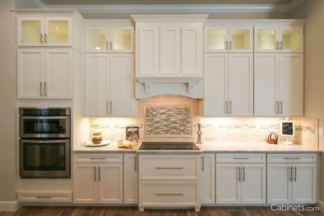 Two-Toned Kitchen with Grand Wood Hood and Stacked Glass Cabinets - Cabinets.com Online Kitchen Cabinets, Built In Cabinet, Two Tone Kitchen, Plywood Cabinets, Kitchen Pulls, Kitchen Cabinets Decor, Kitchen Cabinet Styles, Shaker Cabinets, Transitional Kitchen