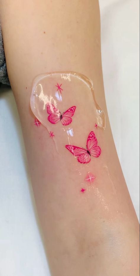 Pretty Color Tattoos For Women, Pink Color Tattoo, Coloured Ink Tattoo, Pastel Pink Tattoo, Lilac Butterfly Tattoo, Pink Tatoos Ideas, Colourful Tattoo For Women, Coloured Tattoos For Women, Pink Ink Tattoos