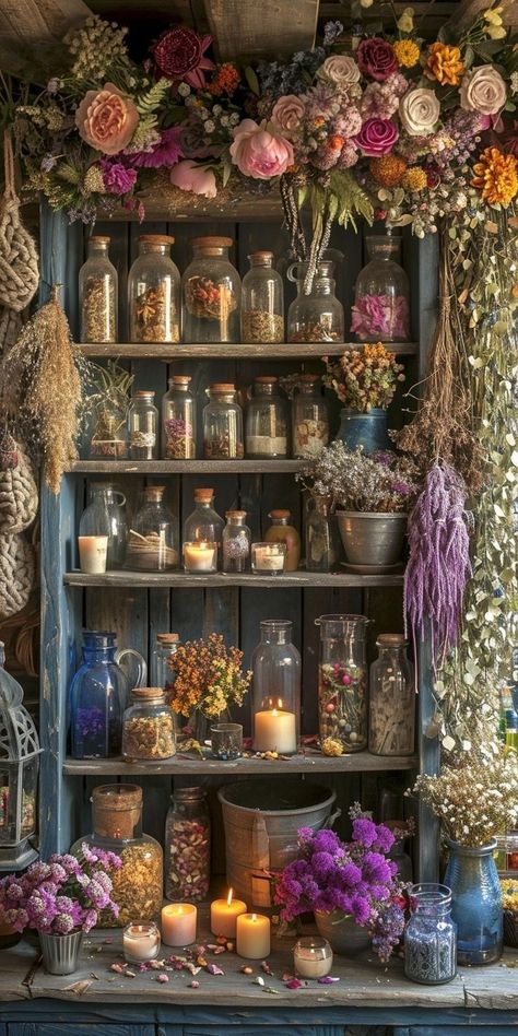 Apothecary Esthetics, Colorful Glass Bottles, Garden Apothecary, Witchy Room Aesthetic, Witchy Apothecary, Kitchen Shelf Decor Ideas, Salons Cottage, Book Shelf Ideas, Apothecary Art