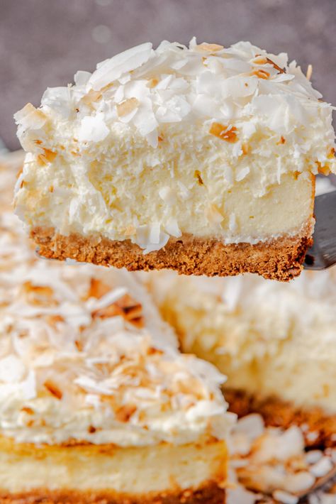 Best Homemade Toasted Coconut Cheesecake Recipe - Powered By Mom Cheesecake Factory Coconut Cheesecake, Toasted Coconut Cheesecake, Coconut Cheesecake Recipes, Coconut Cream Pie Cheesecake, Coconut Cream Cheesecake, Toasted Coconut Recipes, Coconut Cheese, Dessert Coconut, Best Coconut Cream Pie