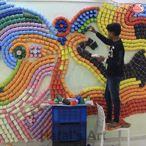 Mesmerizing Wall Collages Made of Paper Cups - Wall Art #diy #wallart #papercups | wall | Mesmerizing Wall Collages Made of Paper Cups - Wall Art #diy #wallart #papercups | By Hetal's Art | Facebook Recycle Wall Art, Hetal's Art, Recycle Material, School Exhibition, Earth Drawings, Plastic Fantastic, Paper Installation, Wall Art Diy, Cup Art