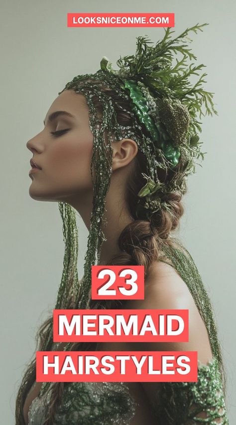 For a more editorial mermaid look, slick your hair back from your face using gel to create a wet, fresh-out-of-the-water appearance. This is a chic and modern take on the mermaid hairstyle, perfect for themed fashion events or photo shoots. Mermaid Hairstyle, Mermaid Hairstyles, Scary Mermaid, Large Barrel Curling Iron, Mermaid Hair Accessories, Mermaid School, Mermaid Look, Barrel Curling Iron, Mermaid Halloween