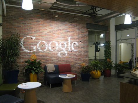 Here is a picture of the Google Pittsburgh office with a nice brick wall with Google written on the wall in white chalk. The picture was posted on Flickr by James Lin. Brick Wall Office, Mirror Mantle, Rustic Quotes, Brick Wall Ideas, Contemporary Rustic Decor, Rustic Paint, Google Office, Rustic Food, Rustic Fireplace