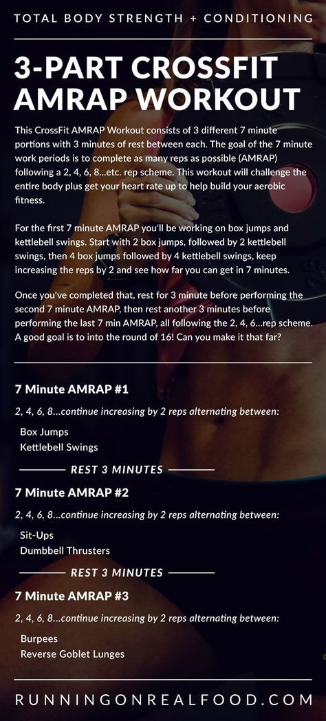 This 3-part CrossFit AMRAP Workout consists of 3 different 7 minute AMRAPS of box jumps, kettlebell swings, burpees, lunges and more for a full-body workout that will also improve conditioning. Crossfit Amrap, Calisthenics Workout Routine, Amrap Workout, Kettlebell Training, Box Jumps, Kettlebell Swings, Strength Conditioning, Aerobics Workout, Popular Workouts