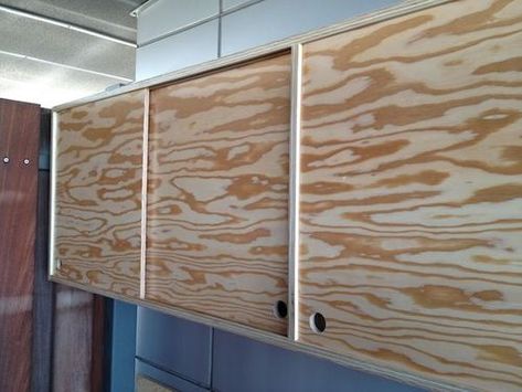 Kitchen Cabinets Sliding Doors, Sliding Cupboard, Kitchen Cabinets Doors, Plan Garage, Sliding Cabinet Doors, Diy Sliding Door, Plywood Cabinets, Door Kitchen, Garage Cabinets