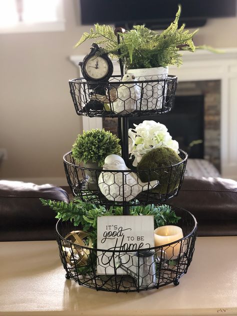 Three-tier Basket w/decorations Three Tiered Basket, Wire Basket Decor Ideas, Wire Basket Decor, Tiered Basket Stand, Dollar Tree Easter Basket, Basket Decor Ideas, Dollar Diy, Fall Table Centerpieces, Tiered Tray Diy