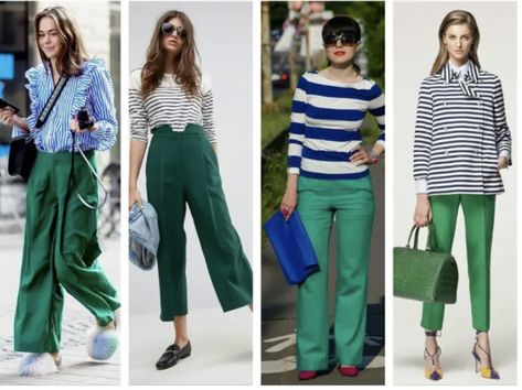 Green Pants For Women, Work Outfits Green Pants, Women’s Green Pants Outfit, Green Wide Leg Pants Outfit Summer, Green Wide Trousers Outfit, Kelly Green Jeans Outfit, What To Wear With Green Wide Leg Pants, Green Cullotes Outfit Casual, High Waisted Green Pants Outfit