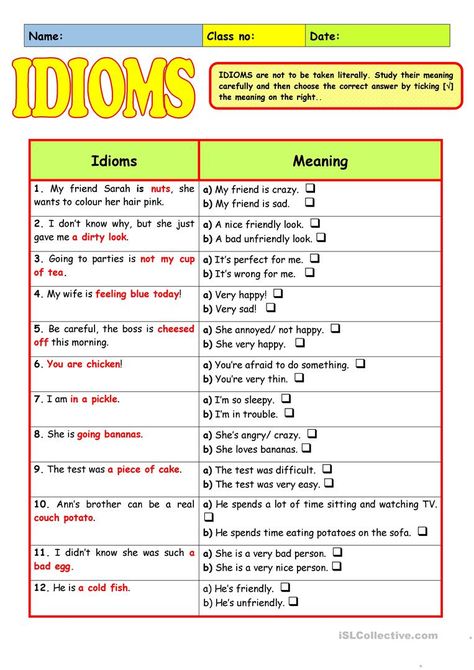 Idioms Exercises, Esl Advanced, Idioms Worksheet, Idioms Activities, English Grammar Exercises, Esl Teaching Resources, English Teaching Materials, Idiomatic Expressions, Grammar Exercises