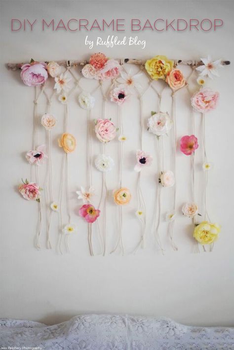 Create this fun and gorgeous macrame backdrop using Afloral's premium silk florals! Macrame Backdrop Diy, Macrame With Flowers, Macrame Birthday Decor, Diy Floral Wall Backdrop, Diy Floral Wall Decor, Floral Wall Art Diy, Easy Macrame Wall Hanging, Macrame Backdrop, Silk Florals