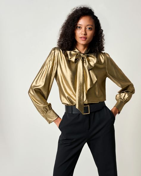 Silk Blouse Outfit, Silk Clothes, Silk Nightwear, Shirt Blouses Women's, Gold Shirt, Gold Outfit, Dallas Fashion, Stunning Style, Gold Blouse