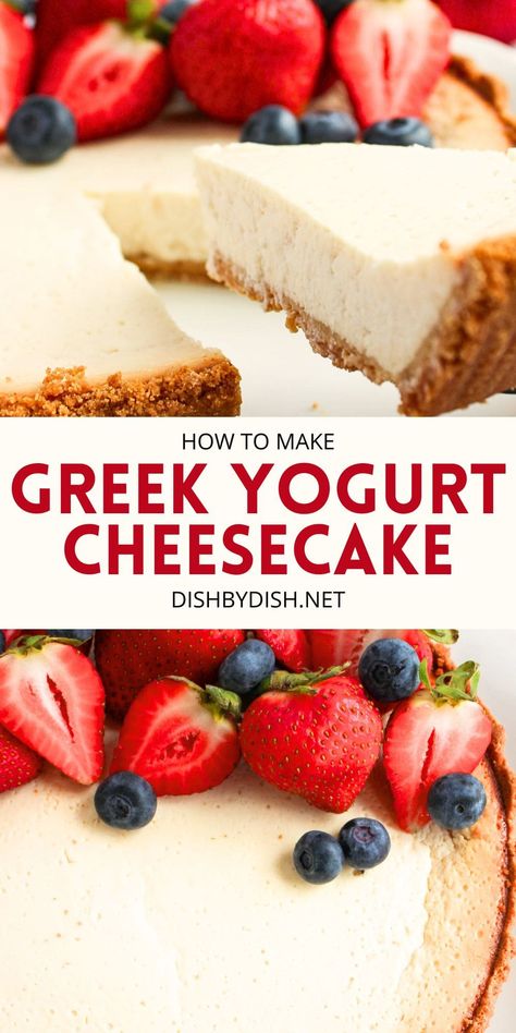 This easy Greek yogurt cheesecake makes a delicious dessert - with a crunchy gluten-free graham cracker crust and a lighter but still creamy filling. Go bake this cheesecake today! Totally gluten-free too! Baked Greek Yogurt Cheesecake, Healthy Cheesecake Recipes Greek Yogurt, Almond Flour Crust Cheesecake, Yogurt Cheesecake Recipe, Greek Yogurt Dessert, Healthy Cheesecake Recipes, Lemon Greek Yogurt, Greek Yogurt Cheesecake, Yogurt Cheesecake