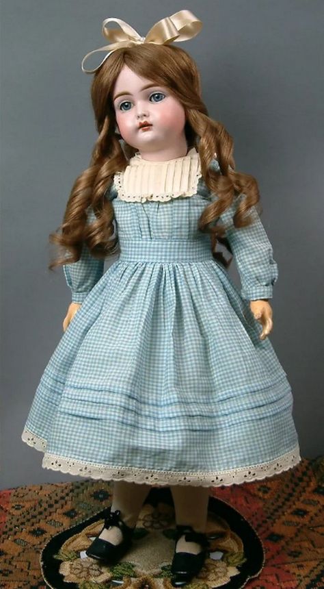 Curnan & Hermann Steiner Dolls  (1910-1930) —  19''  Bisque  Socket Head  Doll in a Antique Blue Gingham Cotton Dress   (496x900) Antique Doll Clothes, Antique German Dolls, Steiner Dolls, Paper Mache Dolls, Antique Porcelain Dolls, Antique Doll Dress, Victorian Dolls, China Dolls, French Dolls