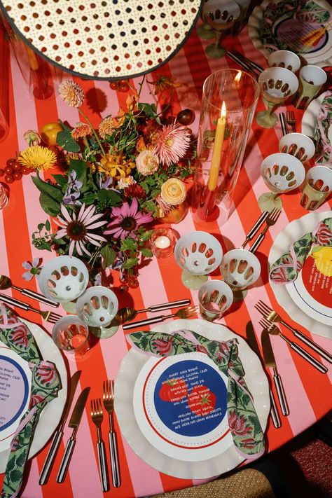 A Tomato Girl Summer Wedding in Virginia Tomato Tablescape, Eclectic Dishware, Colorful Dinner Party, Eclectic Tablescape, Colorful Dinner, Colorful Tablescapes, Tomato Girl Summer, Corn Bisque, Tablescape Design