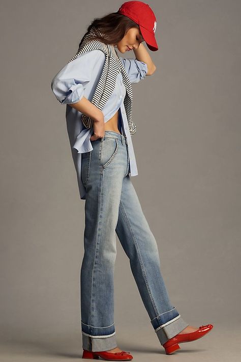 Pilcro Francais Mid-Rise Cuffed Jeans Cuffed Jeans Outfit, Cuffed Jeans, Style Mistakes, Back Patch, Red Shoes, Outfits Casuales, Effortless Style, Athleisure, Fashion Inspo Outfits