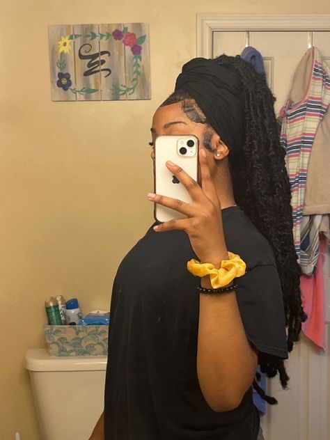 Soft Locs Styles With Scarf, Scarf With Faux Locs, Scarf Hairstyles With Soft Locs, Faux Locs Wrap Styles, How To Style Soft Locs With Scarf, Hair Styles For Faux Locs, Soft Locs With Head Wrap, Soft Locs Hairstyles Ideas With Scarf, Faux Locs Headwrap Styles