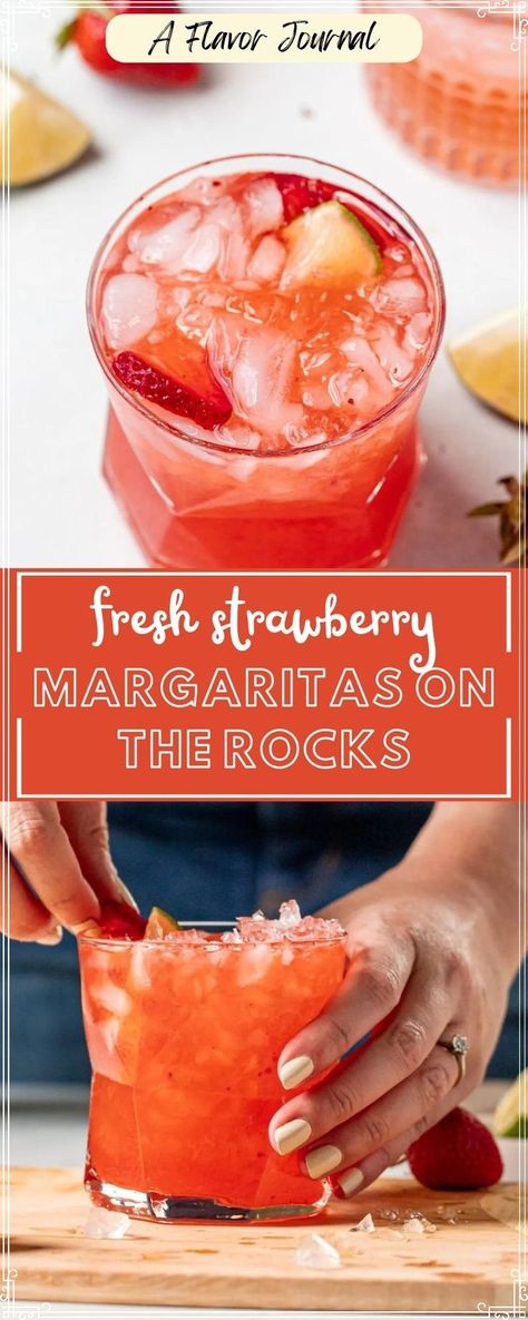 Looking for more spring drinks with strawberries? This is one is sure to become a new favorite during the warmer months! This on the rocks strawberry margarita is a straight-forward margarita on the rocks with macerated strawberries, and once the strawberries are ready, the margaritas come together in no time. SO delicious, this will be a hit as a Cinco de Mayo margarita! Fresh Strawberry Margarita Recipe On The Rocks, Big Batch Strawberry Margarita Recipe, Large Batch Strawberry Margarita Recipe, Batch Strawberry Margarita Recipe, Easy Strawberry Margarita Recipe On The Rocks, Strawberry Margarita Recipe On The Rocks Pitcher, Strawberry Margarita Pitcher, Diy Margarita Mix Recipes, Margarita Recipes Strawberry