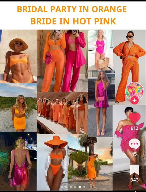 Tropical Party Attire, Golden Hour Bachelorette Party, Bachelorette Outfit Color Schemes, Bachelorette Tropical Outfits, Veuve Before The Vows, Pink Orange Bachelorette Outfits, Cancun Bachelorette Theme, Pink And Orange Bachelorette Party Outfit, Veuve Before Vows Outfits